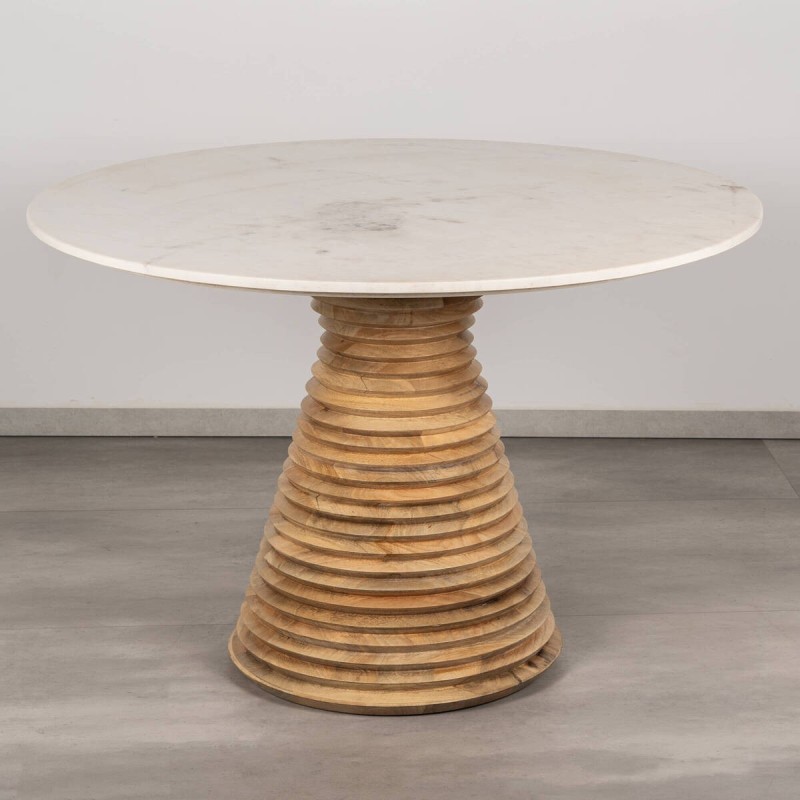 Mesa de comedor Calyx de mármol blanco con base de anillos de mango natural 115 cm