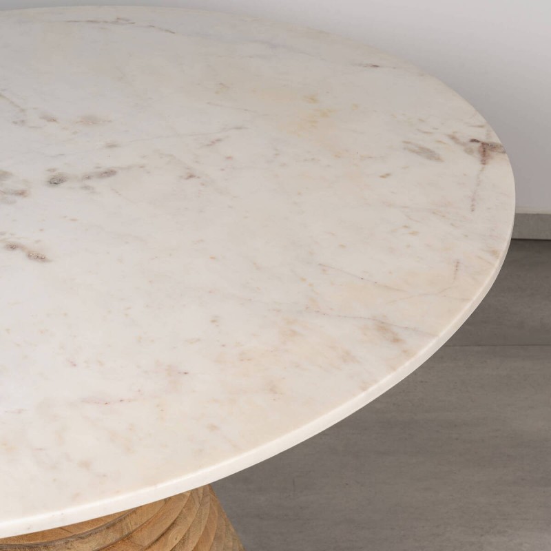 Calyx dining table in white marble with natural mango wood ring base, 115 cm