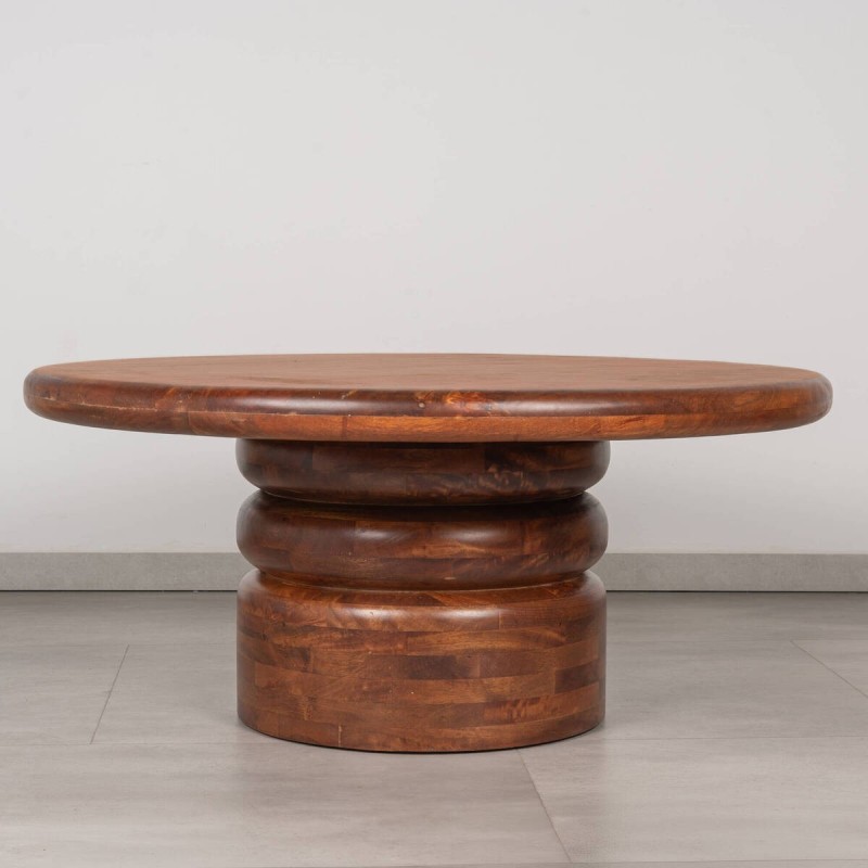 Mesa de centro Hana Nogal Claro de mango macizo y pedestal de doble anillo ø89x40 cm