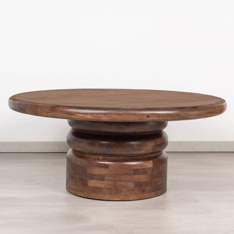 Mesa de centro Hana Nogal Oscuro de mango macizo y pedestal de doble anillo ø89x40 cm
