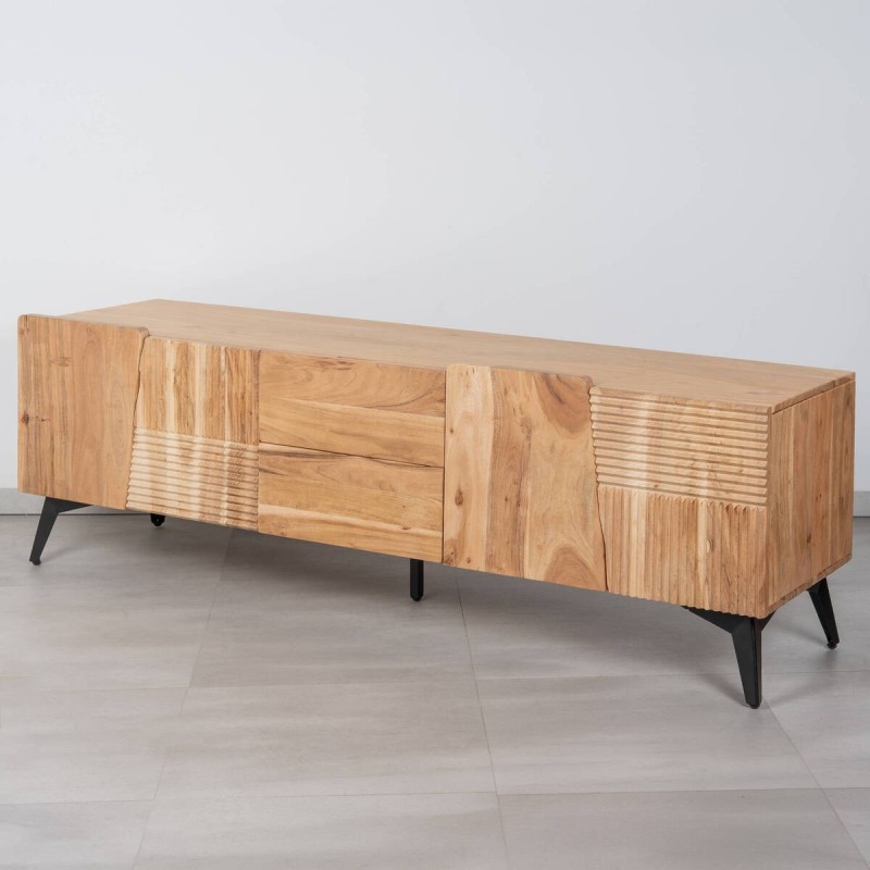 Mueble TV Plinth de acacia maciza con paneles acanalados, 4 puertas y 2 cajones 160 cm