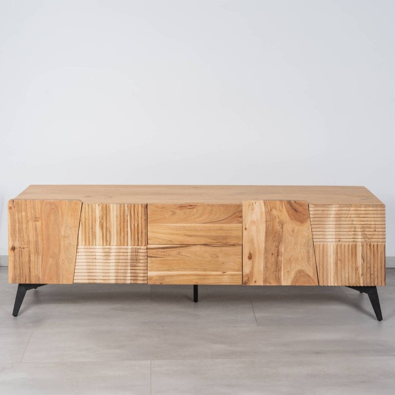 Mueble TV Plinth de acacia maciza con paneles acanalados 160×40×50 cm | Muebles Benítez