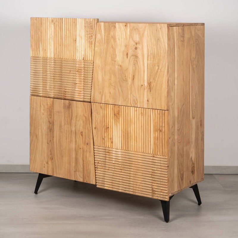 Plinth display cabinet in solid acacia with fluted panels and 4 doors, 100 cm