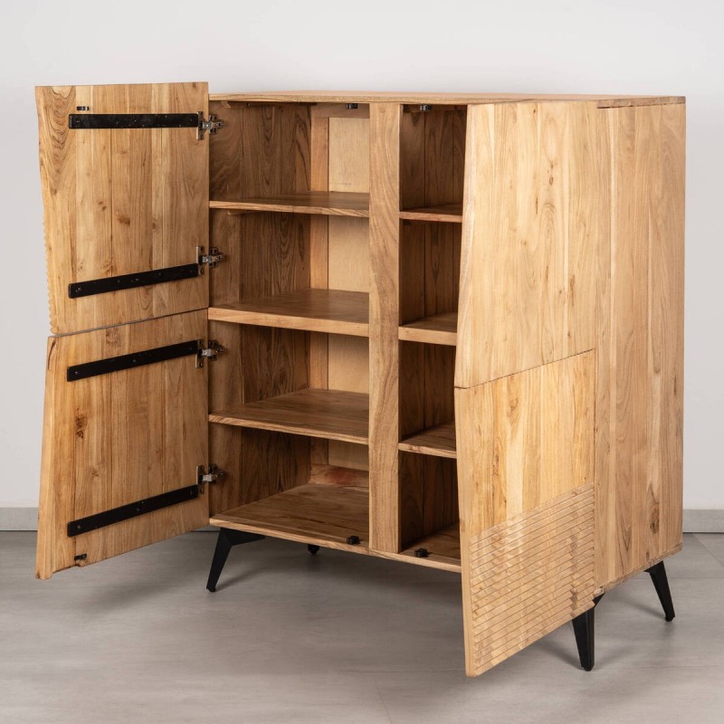Plinth display cabinet in solid acacia with fluted panels and 4 doors, 100 cm