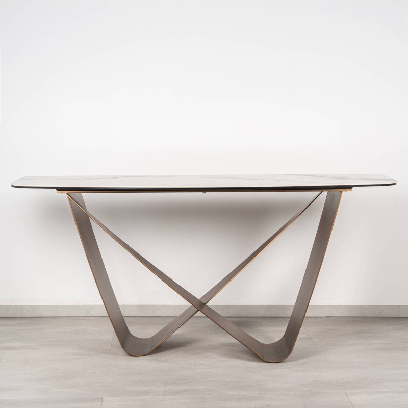 Vetra console table with bronze metal base and white marble ceramic top