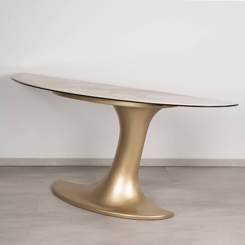 Lipari Marble-Effect Console Table with Champagne Gold Pedestal 180 x 40 cm