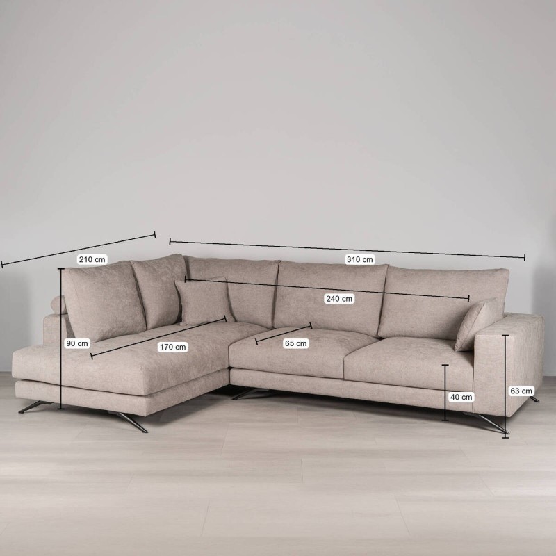 Mercury Sofa with Left-Hand Chaise Longue in Stone Beige Fabric, 310 cm