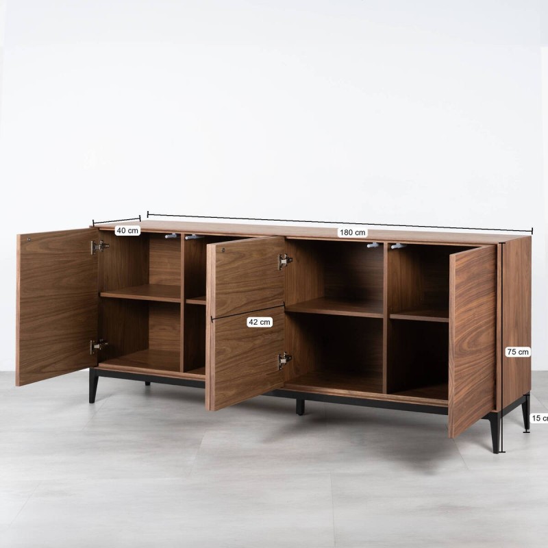 Aparador Atuel madera nogal con puertas abatibles y patas de metal negro 180 cm