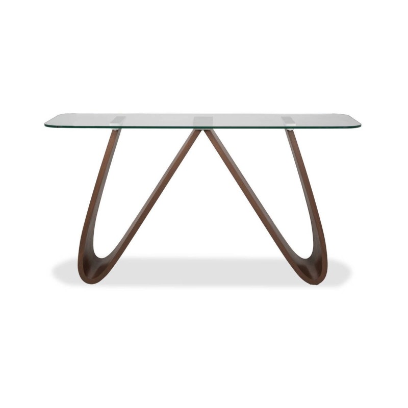 Consola wavy de chapa de haya chapada en nogal con tapa de cristal 140x40x75cm