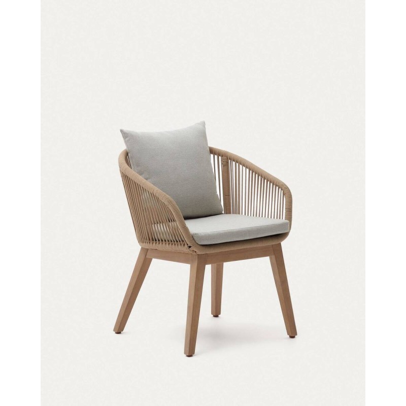Silla portalo de cuerda beige y patas de acacia 63x60x76cm