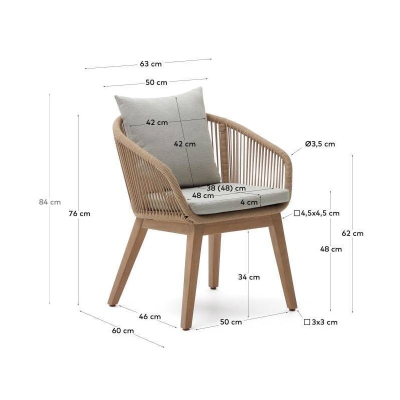 Silla portalo de cuerda beige y patas de acacia 63x60x76cm