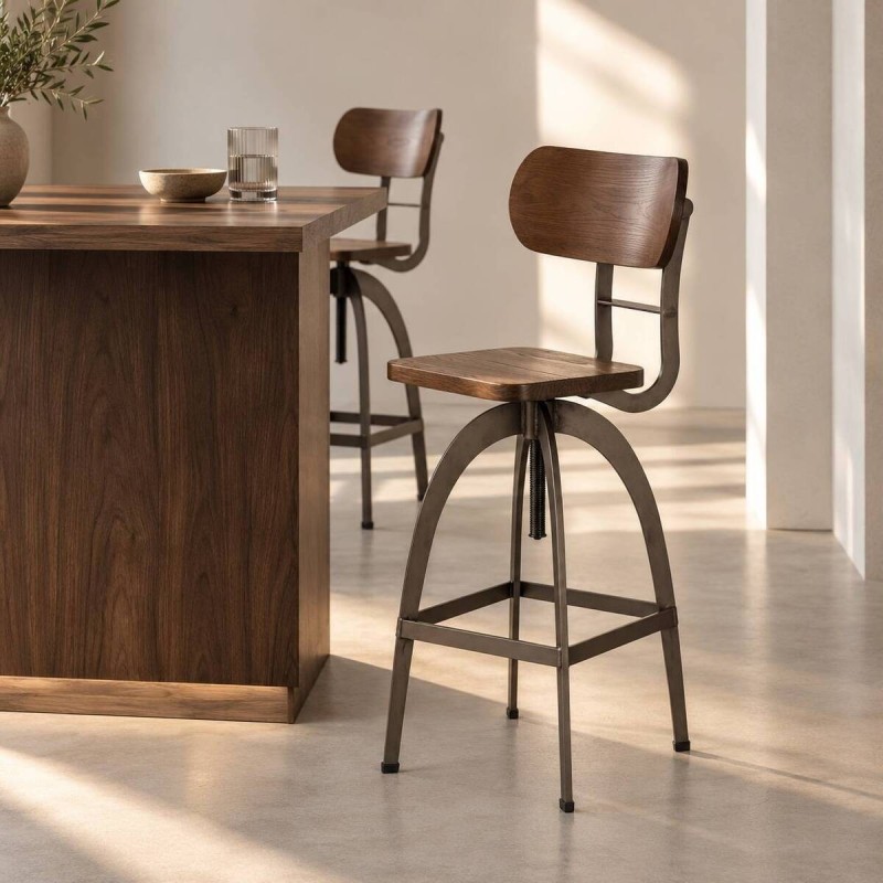 Taburete elevable metal y madera de olmo 38x38x97cm