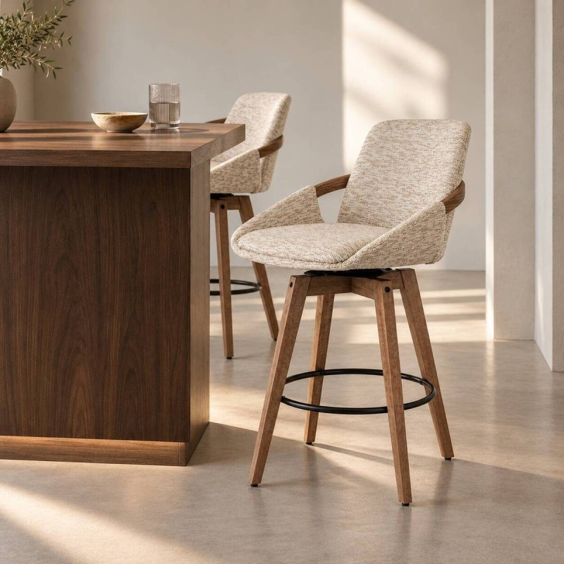 Taburete Avana giratorio beige con patas de madera | Muebles Benítez