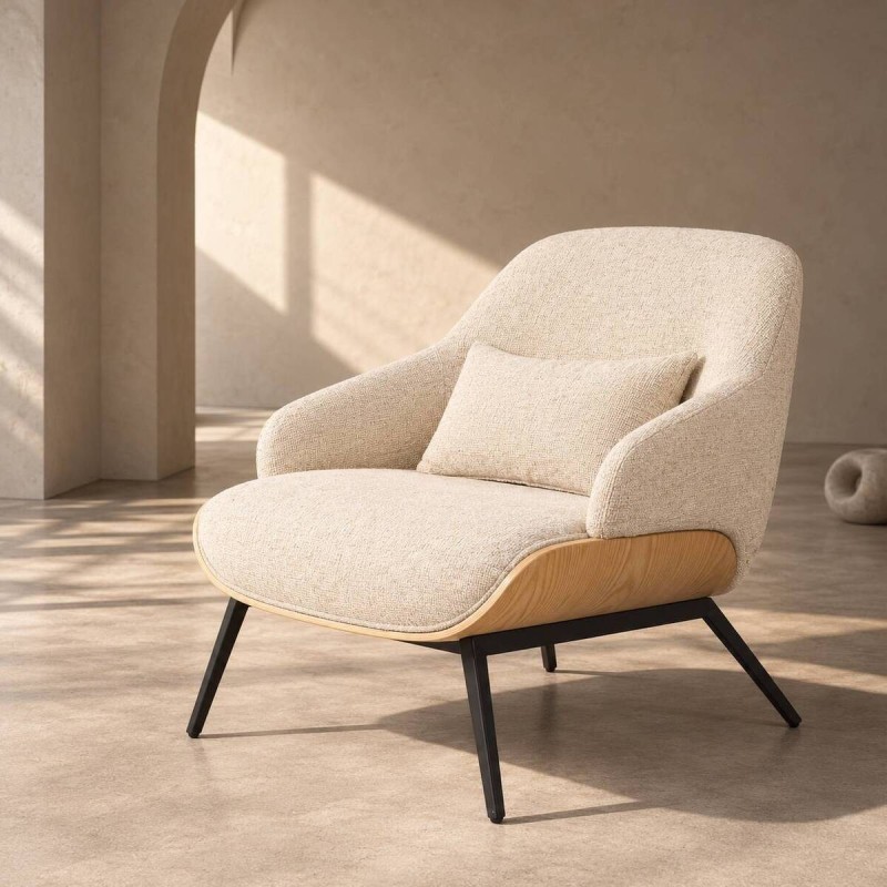 Sillón Cozy | Bouclé Crema, Roble Natural y Patas Negras | Muebles a Benítez