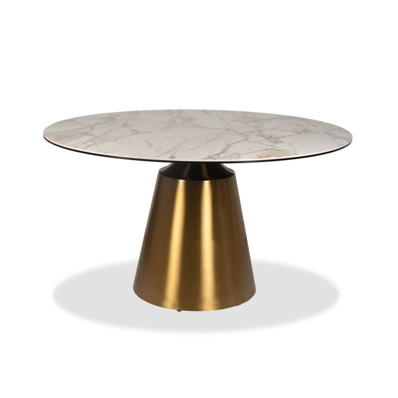 Mesa de comedor redonda nacaré con tapa de cerámica y base cónica dorada 135x76cm