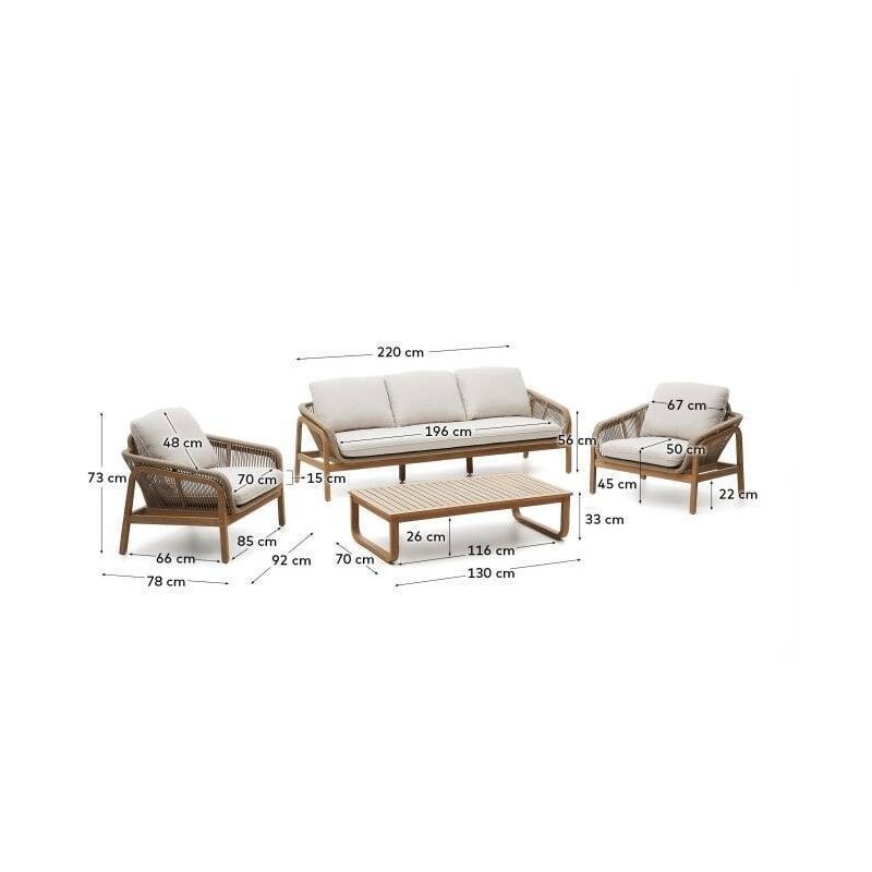 Set vellana sofá 3 plazas, 2 sillones y mesa de centro madera maciza acacia