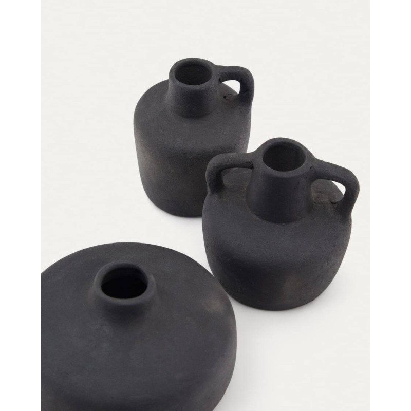 Jarrón pequeño de terracota negra con asa,  hecho a mano estilo nórdico
