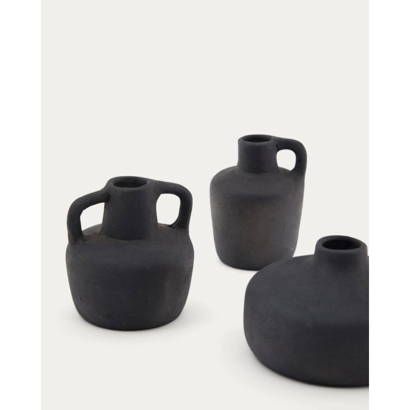 Jarrón pequeño de terracota negra con asa,  hecho a mano estilo nórdico