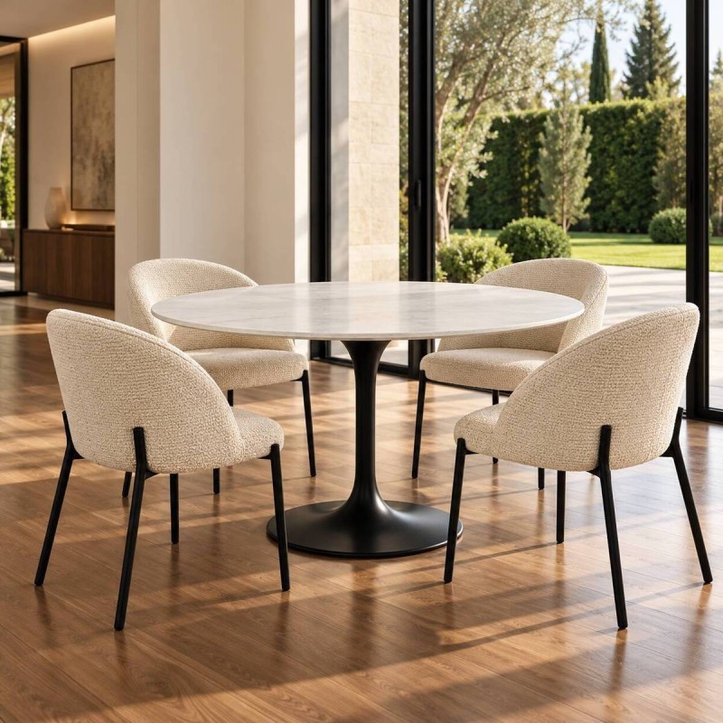 Mesa de comedor redonda altea de mármol blanco y base de metal negro 120x76cm