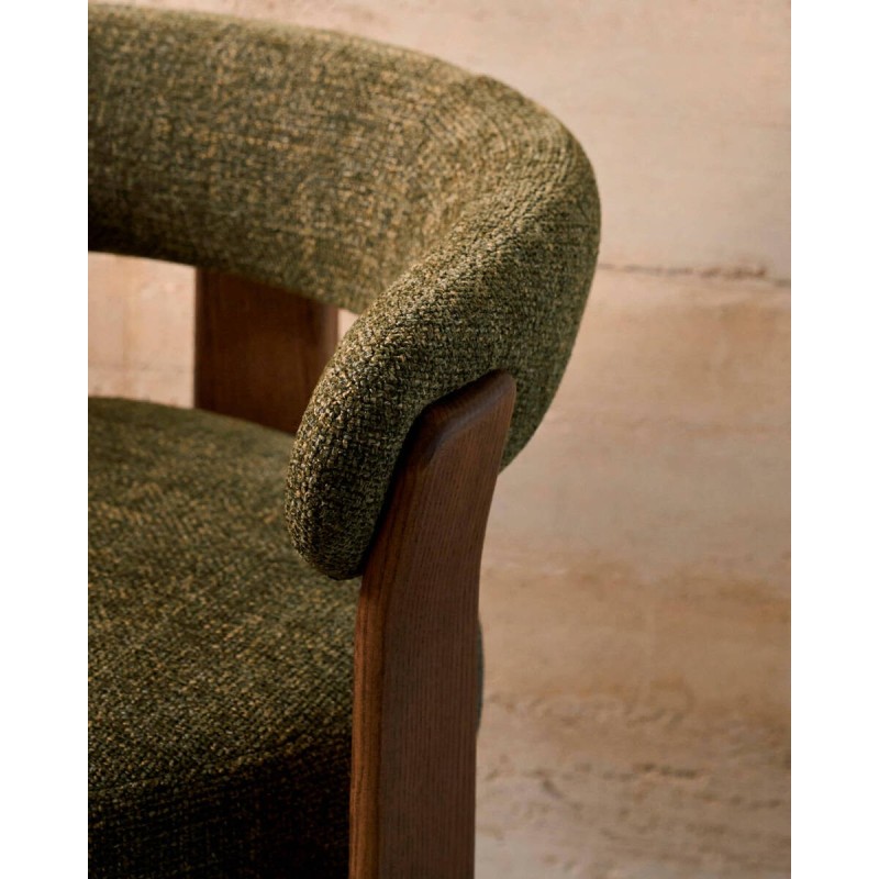Silla granite de 3 patas de chenilla verde y madera de fresno acabado nogal 61x53x73cm