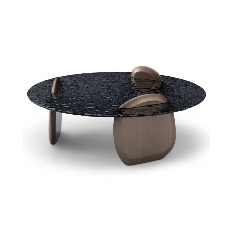 Mesa de centro Eclipse redonda cristal ondulado y base metálica – 110 cm
