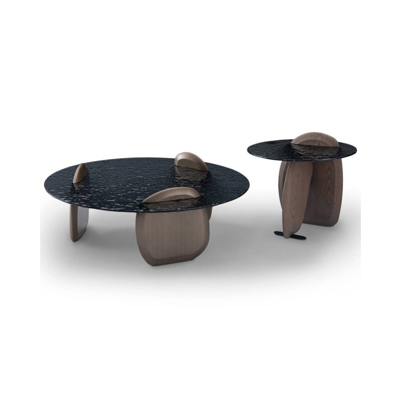 Mesa de centro Eclipse redonda cristal ondulado y base metálica – 110 cm