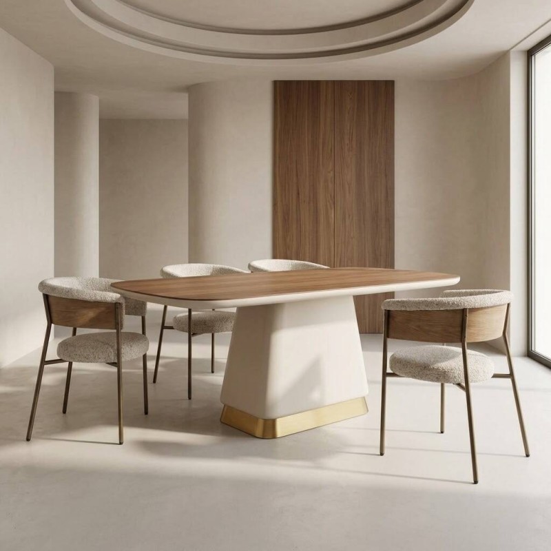Mesa de comedor auren rectangular en nogal y beige con base dorada 200cm