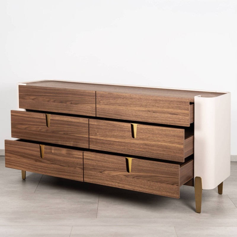 Cómoda Auren en nogal, beige y detalles en dorado 160x45 cm | Muebles Benítez