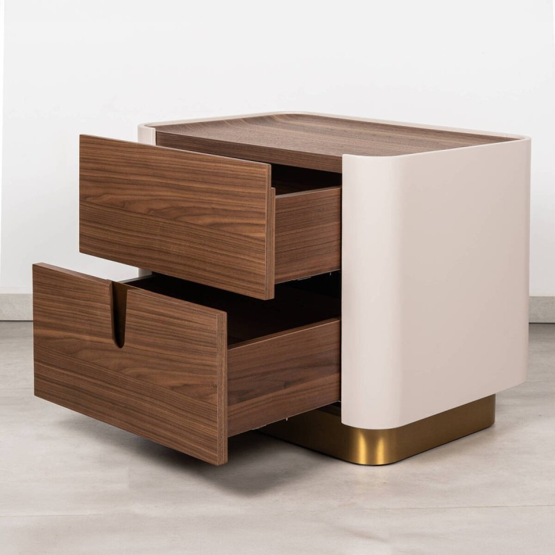 Mesita de noche Auren en nogal, beige y detalles en dorado 60x42 cm | Muebles Benítez