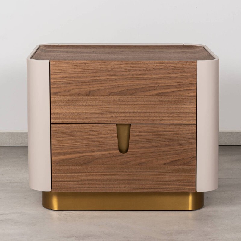 Mesita de noche Auren en nogal, beige y detalles en dorado 60x42 cm | Muebles Benítez