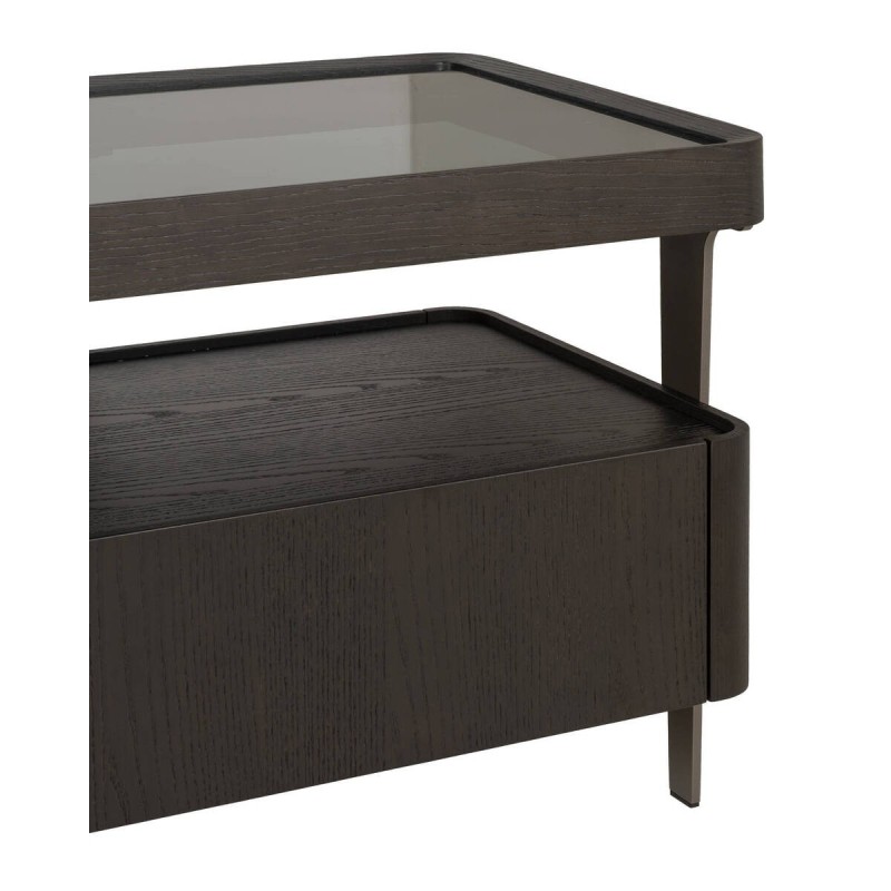 Mueble de tv bruma con tapa de cristal ahumado y chapa de fresno negro
