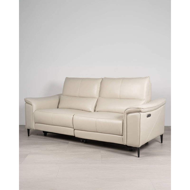 Sofá relax eléctrico 3 plazas en piel beige con puerto USB | Muebles Benítez