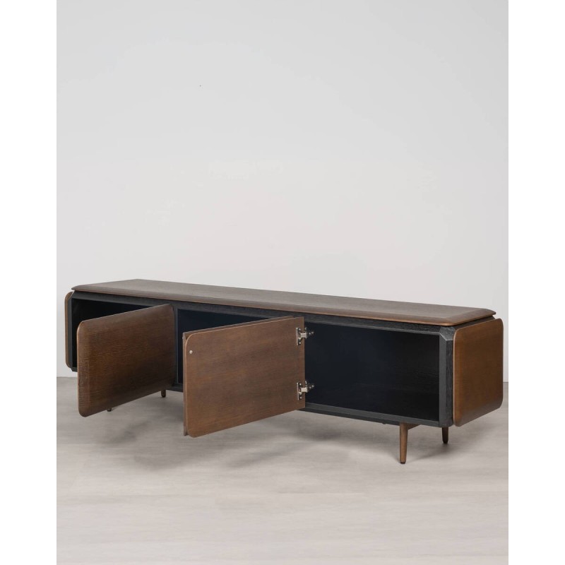 Mueble TV Teresa 180 cm en madera roble ahumado con patas de madera maciza