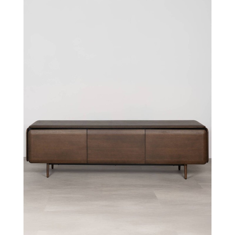 Mueble TV Teresa 180 cm en madera roble ahumado con patas de madera maciza