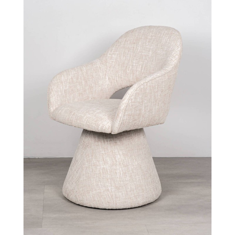 Silla giratoria tapizada en bouclé beige con base tapizada | Muebles Benítez