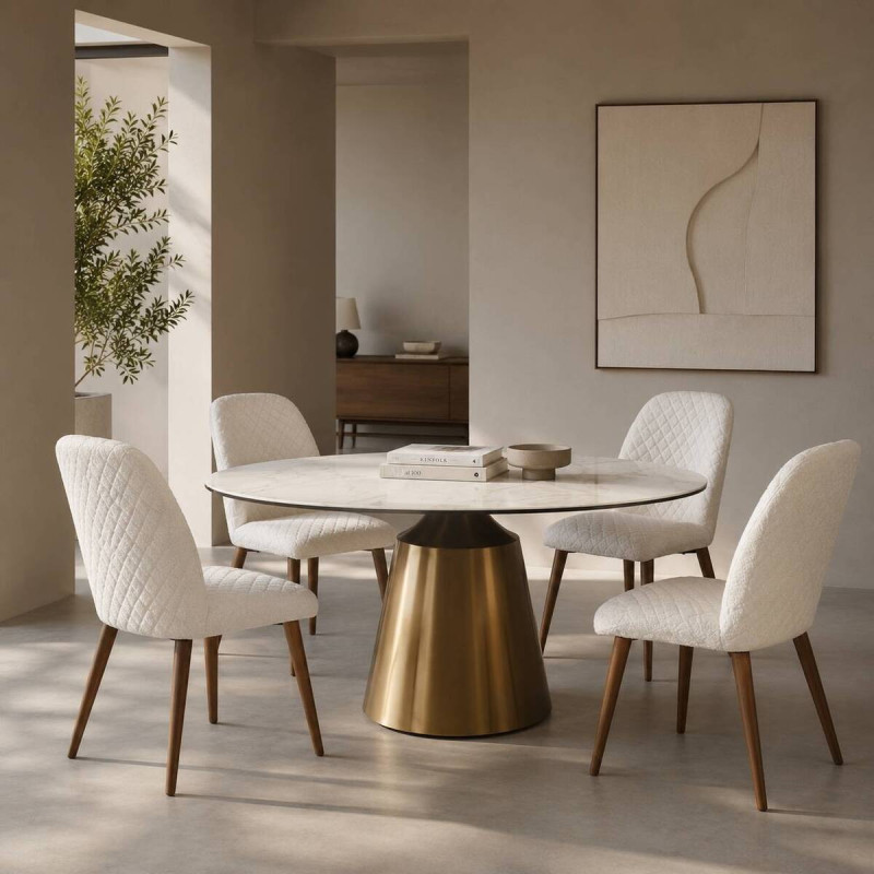 Mesa de comedor redonda nacaré con tapa de cerámica y base cónica dorada 135x76cm
