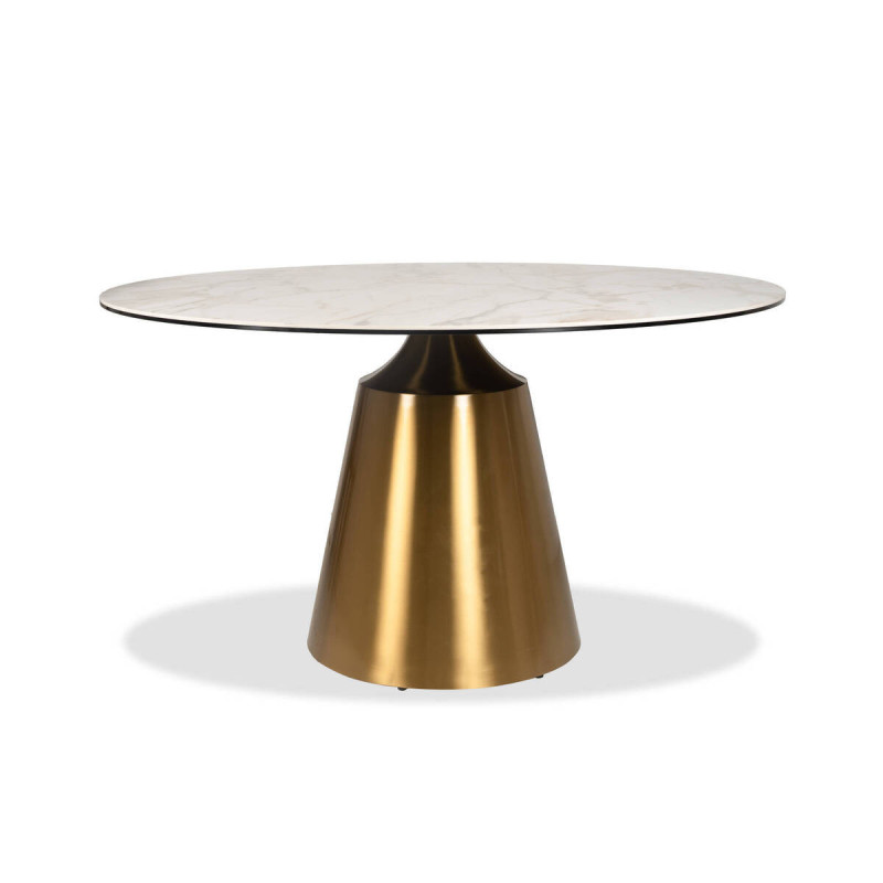 Mesa de comedor redonda nacaré con tapa de cerámica y base cónica dorada 135x76cm