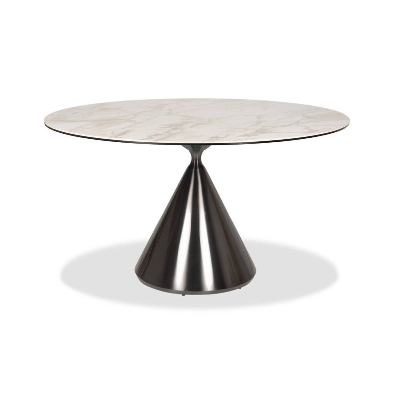 Mesa de comedor redonda nova con tapa de cerámica y base cónica gris 135x76cm