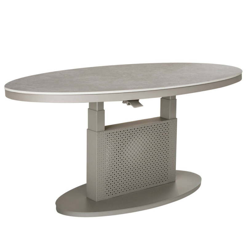 Mesa de centro elevable ovalada de aluminio gris y tapa de cristal piedra 150x90x51/72cm