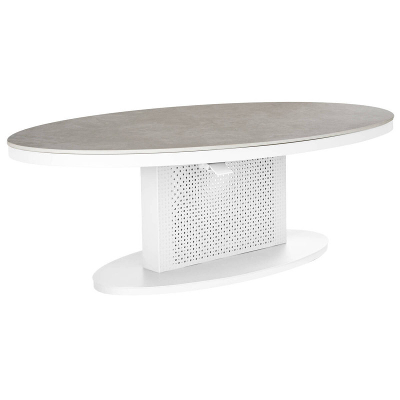 Mesa de centro elevable ovalada de aluminio blanco y tapa de cristal piedra 150x90x51/72cm