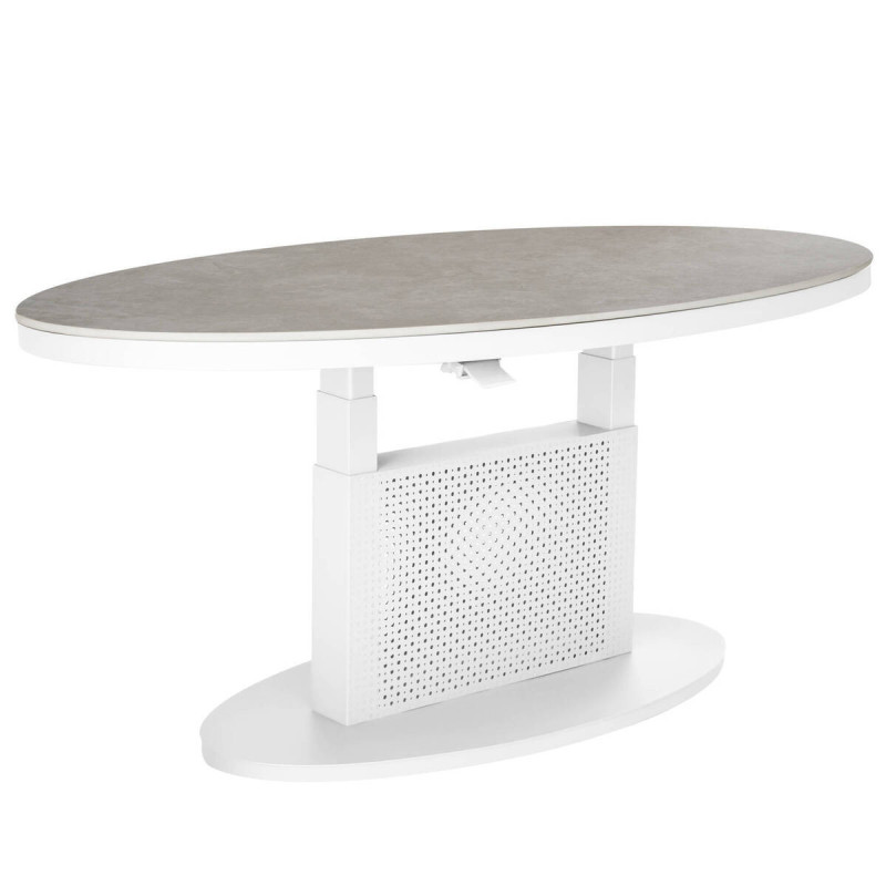 Mesa de centro elevable ovalada de aluminio blanco y tapa de cristal piedra 150x90x51/72cm
