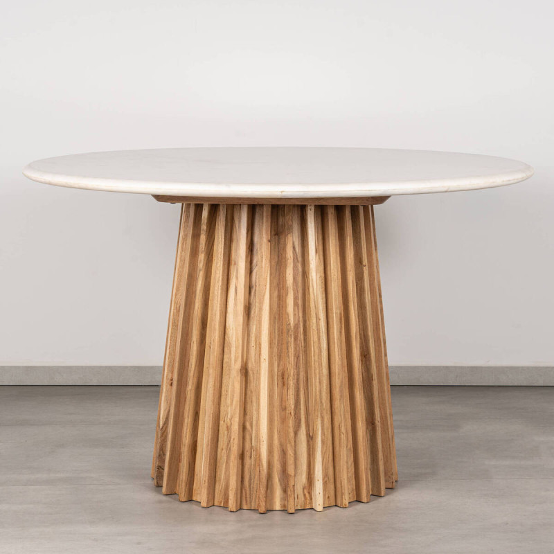 Mesa de comedor Savia de mármol blanco y acacia redonda 120 cm | Muebles Benítez