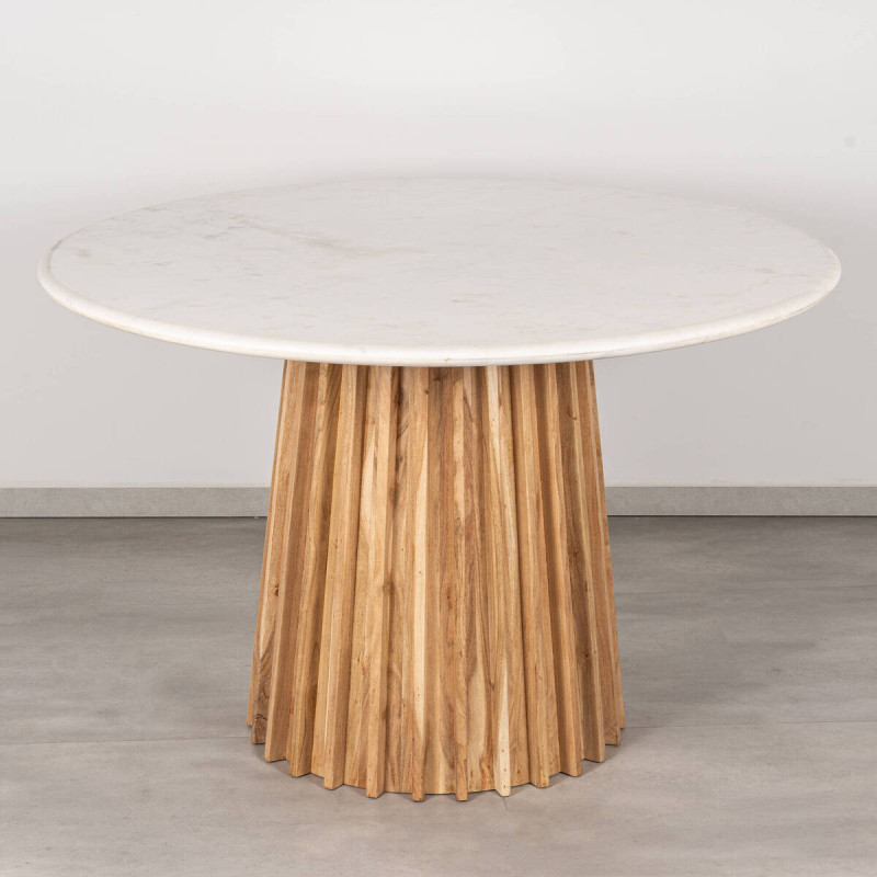 Mesa de comedor Savia de mármol blanco y acacia redonda 120 cm | Muebles Benítez