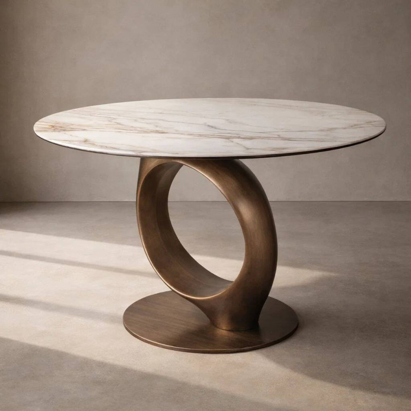 Mesa comedor redonda de cerámica y base de bronce cepillado 120x76cm