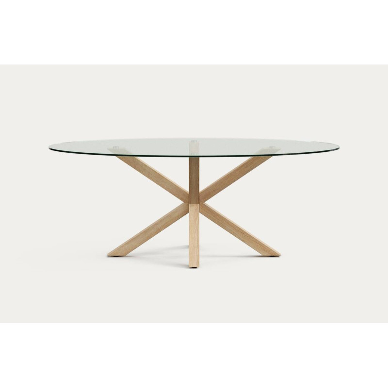 Mesa de comedor Argo con sobre de cristal templado y patas metálicas color madera – Diseño moderno | Muebles Beníte