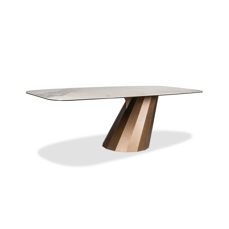 Mesa de comedor Oria · Cerámica efecto mármol y base escultórica | 240x110 cm