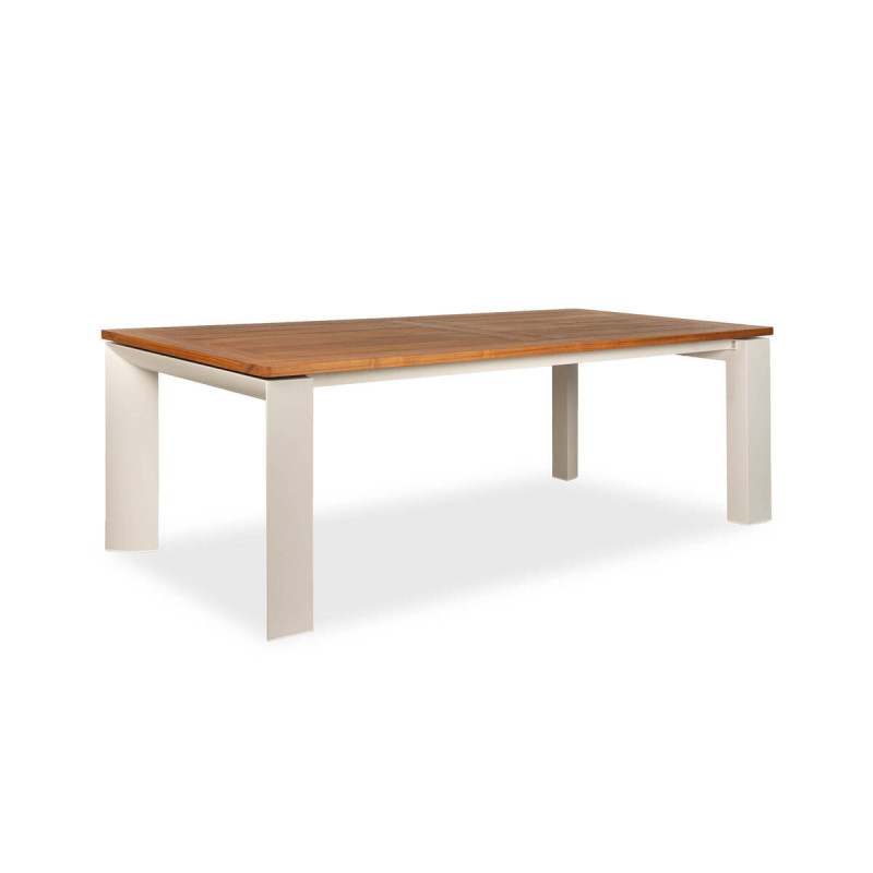 Mesa de comedor tayra con tapa de teca natural y patas de aluminio moka
