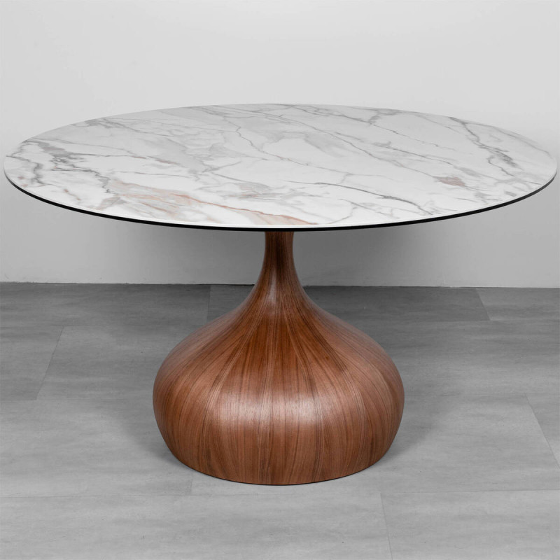 Mesa redonda cerámica blanca 135 cm con base nogal | Muebles Benítez