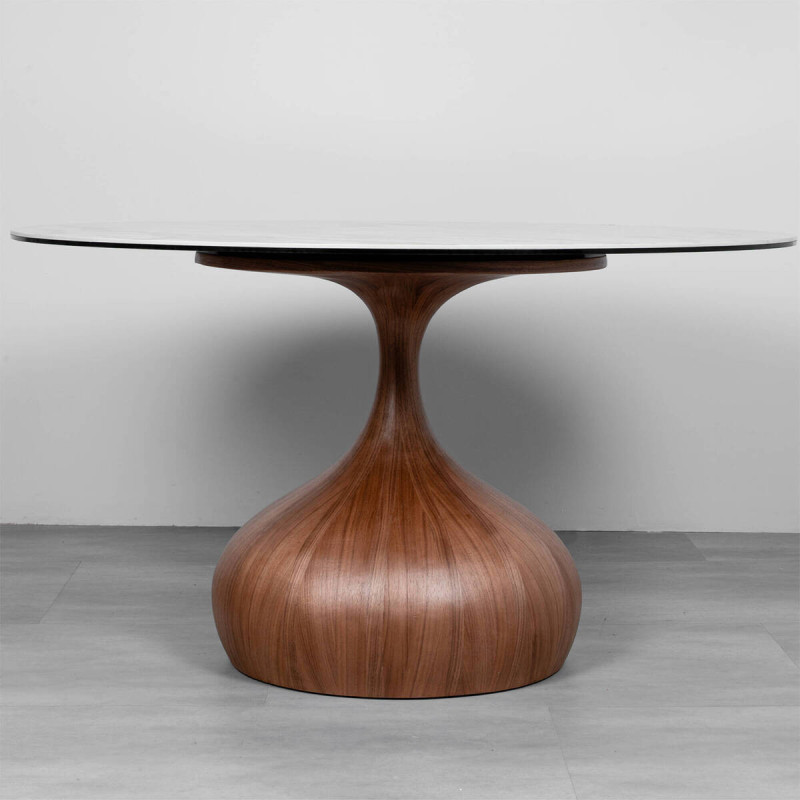 Mesa redonda cerámica blanca 135 cm con base nogal | Muebles Benítez