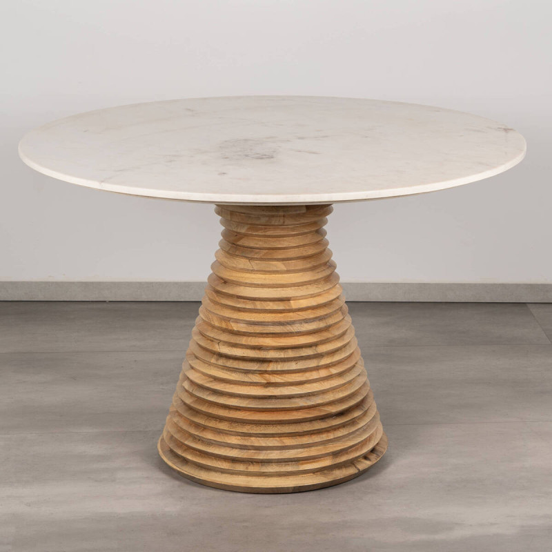 Mesa de comedor de mármol blanco y base de anillos de mango natural 115 cm | Muebles Benítez